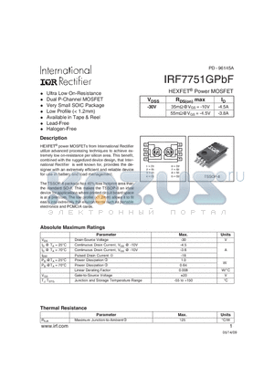 IRF7751GPBF datasheet - HEXFET^ Power MOSFET Ultra Low On-Resistance