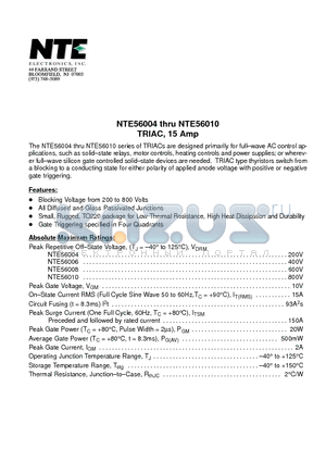 NTE56008 datasheet - TRIAC, 15 Amp