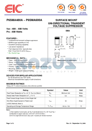 P6SMA480A datasheet - SURFACE MOUNT UNI-DIRECTIONAL TRANSIENT VOLTAGE SUPPRESSOR