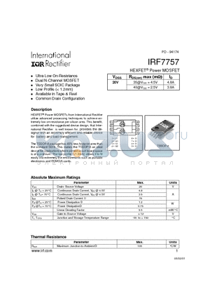 IRF7757 datasheet - Power MOSFET(Vdss=20V)