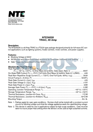 NTE56028 datasheet - TRIAC, 40 Amp