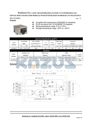 LU1S517 datasheet - SINGLE RJ45 CONNECTOR MODULE WITH INTEGRATED 10/100 BASE-TX MAGNETICS