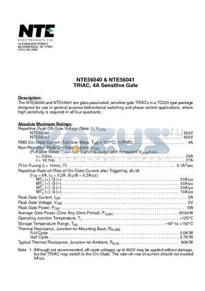 NTE56040 datasheet - TRIAC, 4A Sensitive Gate