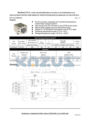 LU1T041A1 datasheet - SINGLE RJ45 CONNECTOR MODULE WITH INTEGRATED 10/100 BASE-TX MAGNETICS