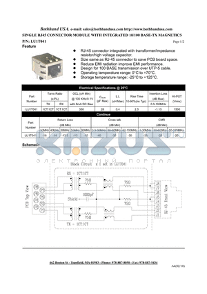 LU1T041 datasheet - SINGLE RJ45 CONNECTOR MODULE WITH INTEGRATED 10/100 BASE-TX MAGNETICS