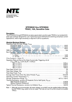 NTE56044 datasheet - TRIAC, 16A, Sensitive Gate