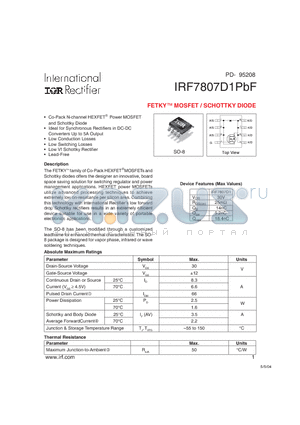 IRF7807D1PBF datasheet - FETKY MOSFET / SCHOTTKY DIODE