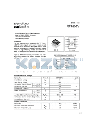 IRF7807V datasheet - N Channel Application Specific MOSFET