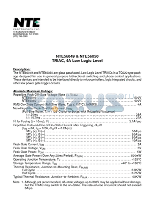 NTE56050 datasheet - TRIAC, 4A Low Logic Level