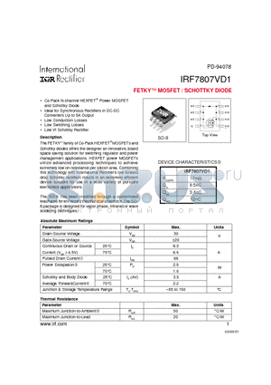 IRF7807VD1 datasheet - FETKY MOSFET / SCHOTTKY DIODE