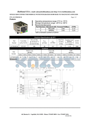 LU1T041R-34 datasheet - SINGLE RJ45 CONNECTOR MODULE WITH INTEGRATED 10/100 BASE-TX MAGNETICS AND LEDS