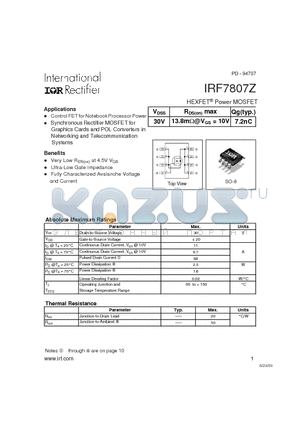 IRF7807Z datasheet - HEXFET Power MOSFET