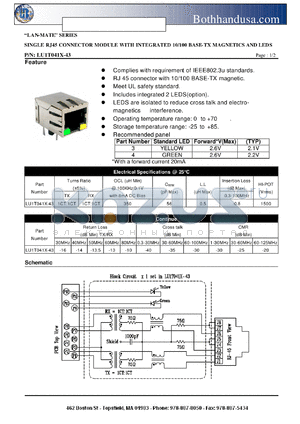 LU1T041X-43 datasheet - SINGLE RJ45 CONNECTOR MODULE WITH INTEGRATED 10/100 BASE-TX MAGNETICS AND LEDS