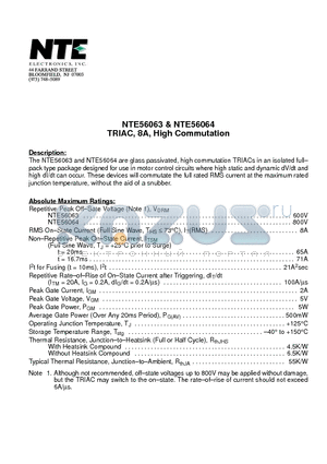 NTE56064 datasheet - TRIAC, 8A, High Commutation