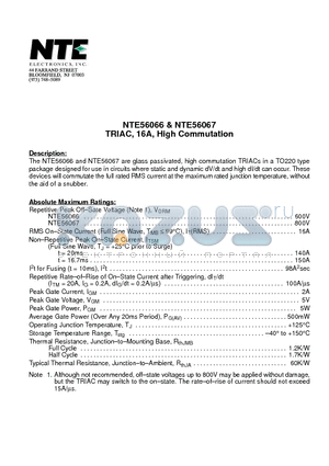 NTE56066 datasheet - TRIAC, 16A, High Commutation