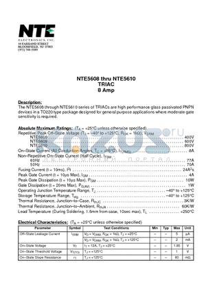 NTE5609 datasheet - TRIAC 8 Amp