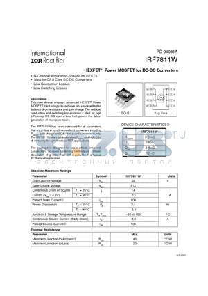 IRF7811W datasheet - Power MOSFET for DC-DC Converters