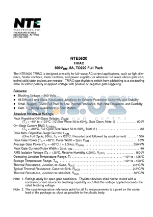 NTE5620 datasheet - TRIAC 800VRM, 8A, TO220 Full Pack