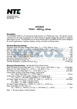 NTE5629 datasheet - TRIAC - 400VRM, 4Amp