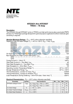 NTE5637 datasheet - TRIAC - 10 Amp