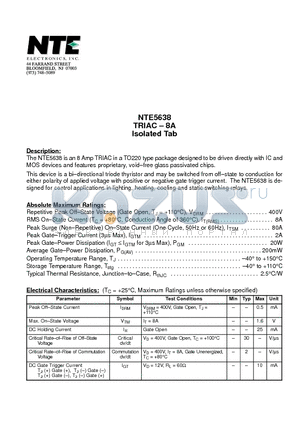 NTE5638 datasheet - TRIAC - 8A Isolated Tab