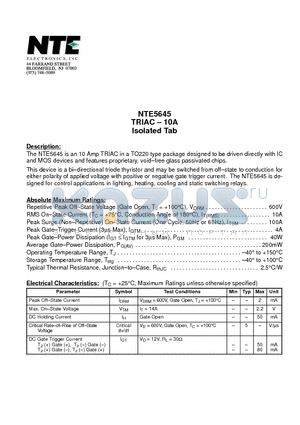 NTE5645 datasheet - TRIAC - 10A Isolated Tab