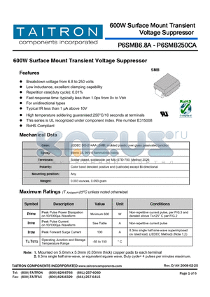 P6SMB100CA datasheet - 600W Surface Mount Transient Voltage Suppressor