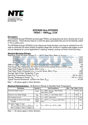 NTE5653 datasheet - TRIAC - 100VRM, 2.5A