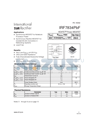 IRF7834PBF datasheet - HEXFET Power MOSFET