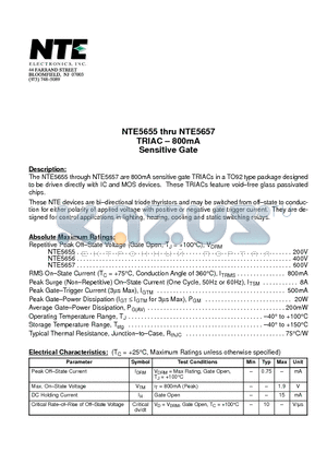 NTE5655 datasheet - TRIAC - 800mA Sensitive Gate