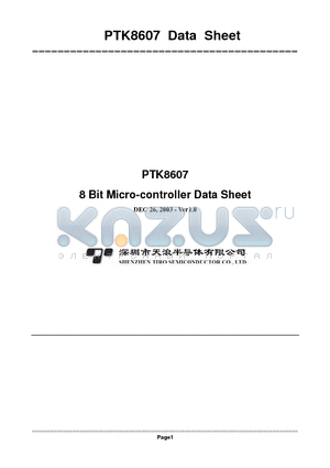 PTK8607 datasheet - 8 Bit Micro-controller Data Sheet