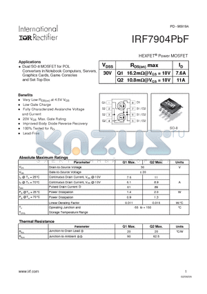 IRF7904PBF datasheet - Dual SO-8 MOSFET for POL Converters in Notebook Computers, Servers, Graphics Cards, Game Consoles and Set-Top Box