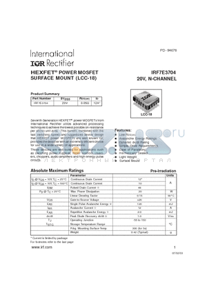 IRF7E3704 datasheet - HEXFET POWER MOSFET SURFACE MOUNT (LCC-18)