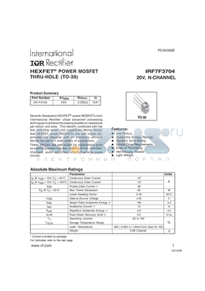 IRF7F3704 datasheet - HEXFET^ POWER MOSFET THRU-HOLE (TO-39) 20V, N-CHANNEL