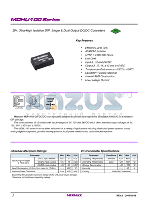 MDHU112 datasheet - 2W, Ultra-High Isolation DIP, Single & Dual Output DC/DC Converters