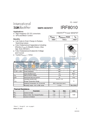 IRF8010 datasheet - HEXFET Power MOSFET