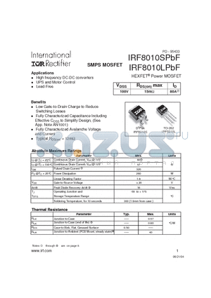 IRF8010LPBF datasheet - HEXFET Power MOSFET