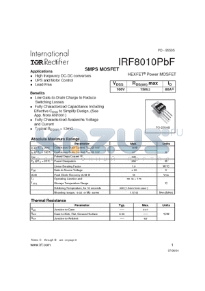 IRF8010PBF datasheet - HEXFET Power MOSFET