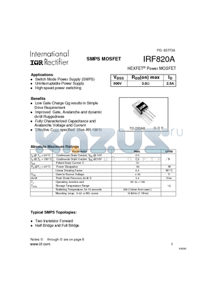 IRF820A datasheet - Power MOSFET(Vdss=500V, Rds(on)max=3.0ohm, Id=2.5A)