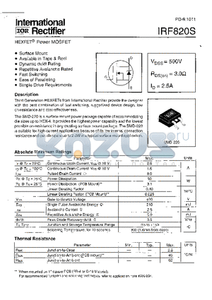 IRF820S datasheet - Power MOSFET(Vdss=500V, Rds(on)=3.0ohm, Id=2.5A)