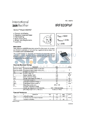IRF820PBF datasheet - HEXFET^ Power MOSFET