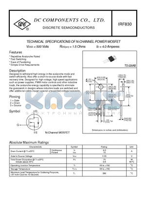 IRF830 datasheet - TECHNICAL SPECIFICATIONS OF N-CHANNEL POWER MOSFET