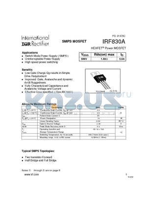 IRF830A datasheet - HEXFET Power MOSFET