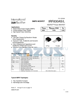 IRF830AL datasheet - Power MOSFET(Vdss=500V, Rds(on)max=1.40ohm, Id=5.0A)