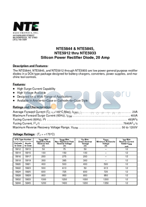 NTE5922 datasheet - Silicon Power Rectifier Diode, 20 Amp