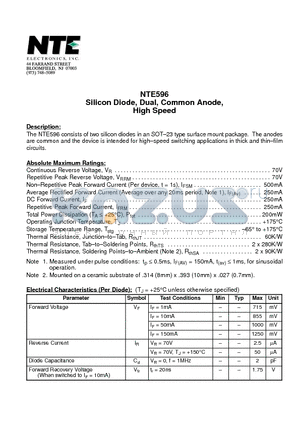 NTE596 datasheet - Silicon Diode, Dual, Common Anode, High Speed