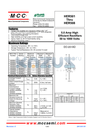 HER501_13 datasheet - 5.0 Amp High Efficient Rectifiers 50 to 1000 Volts