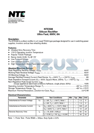 NTE598 datasheet - Silicon Rectifier Ultra Fast, 600V, 8A