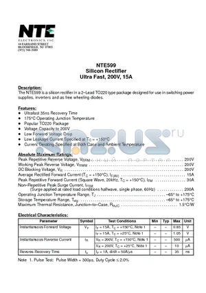 NTE599 datasheet - Silicon Rectifier Ultra Fast, 200V, 15A