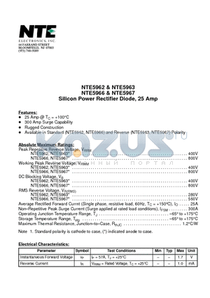 NTE5966 datasheet - Silicon Power Rectifier Diode, 25 Amp